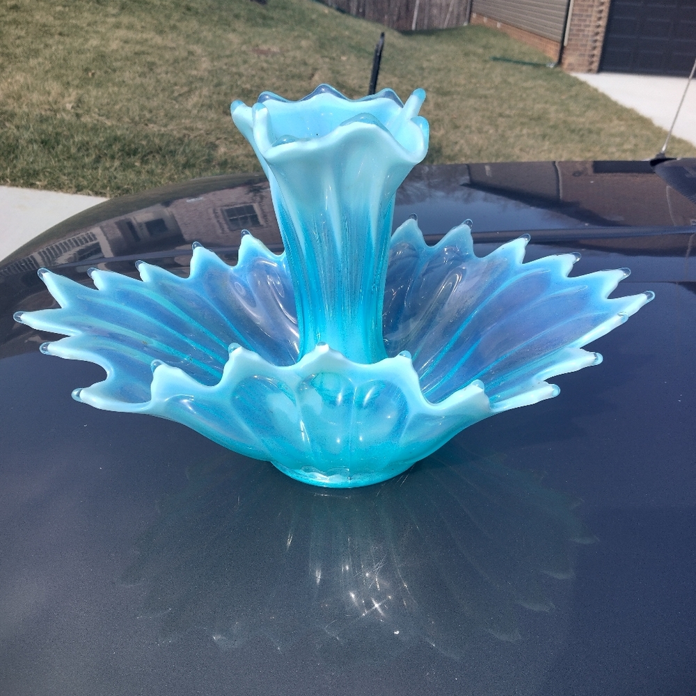 Vintage Fostoria Heirloom Large Blue Opalescent Epergne
